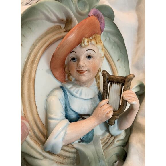 Vtg Hand Painted Porcelain Bisque Wall Hanging Decor Boy Girl Musical Instrument - Picture 9 of 12